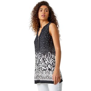 Roman Womens Border Print Zip Detail Stretch Top - Black - Size 10 Uk Roman Womens Border Print Zip Detail Stretch Top - Black - Size 10 Uk