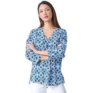 Roman Womens Geometric Pleated Button Detail V-Neck Top - Blue - Size 10 Uk Roman Womens Geometric Pleated Button Detail V-Neck Top - Blue - Size 10 Uk