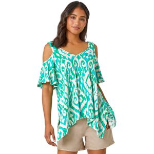 Roman Womens Aztec Hanky Hem Cold Shoulder Top - Green Viscose - Size 10 Uk Roman Womens Aztec Hanky Hem Cold Shoulder Top - Green Viscose - Size 10 Uk