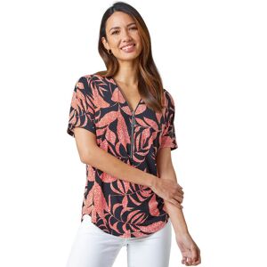 Roman Womens Leaf Print Zip Detail V-Neck Stretch Top - Orange - Size 10 Uk Roman Womens Leaf Print Zip Detail V-Neck Stretch Top - Orange - Size 10 Uk