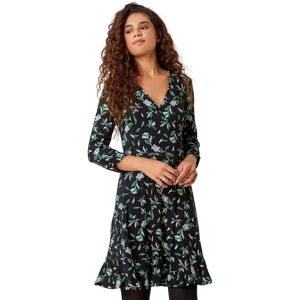 Roman Womens Leaf Print Frill Hem Wrap Stretch Dress - Black - Size 12 Uk Roman Womens Leaf Print Frill Hem Wrap Stretch Dress - Black - Size 12 Uk
