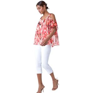 Roman Womens Abstract Print Cold Shoulder Overlay Top - Red - Size 10 Uk Roman Womens Abstract Print Cold Shoulder Overlay Top - Red - Size 10 Uk