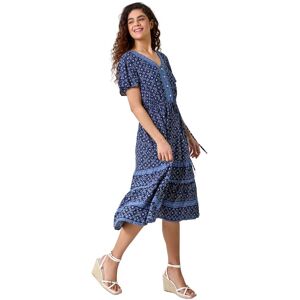 Roman Womens Geometric Floral Border Print Frill Dress - Blue - Size 12 Uk Roman Womens Geometric Floral Border Print Frill Dress - Blue - Size 12 Uk