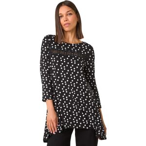 Roman Womens Spot Print Lace Trim Stretch Top - Black - Size 12 Uk Roman Womens Spot Print Lace Trim Stretch Top - Black - Size 12 Uk