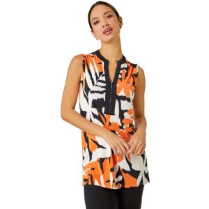 Roman Womens Sleeveless V-Neck Leaf Print Zip Top - Orange - Size 10 Uk Roman Womens Sleeveless V-Neck Leaf Print Zip Top - Orange - Size 10 Uk