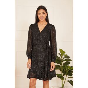 Mela London Womens Black Sequin Long Sleeve Frill Wrap Dress - Size 16 Uk Mela London Womens Black Sequin Long Sleeve Frill Wrap Dress - Size 16 Uk
