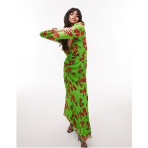 Topshop Womens Gathered Floral Open Back Long Sleeve Maxi Dress In Green - Size 18 Uk