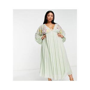 Asos Curve Womens Design V Front Baby Doll Pleated Embroidered Midi Dress In Pastel Green - Size 22 Uk