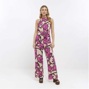 River Island Womens Jumpsuit Pink Halter Neck Floral - Size 18 Uk