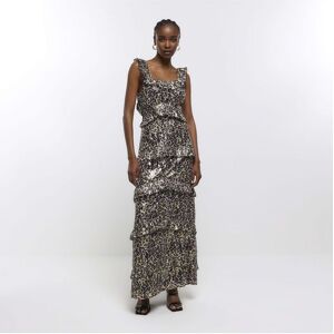 River Island Womens Ruffle Maxi Dress Brown Leopard Print - Size 18 Uk