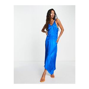 Topshop Womens Ruch Front Keyhole Satin Midi Dress In Cobalt Blue - Size 18 Uk