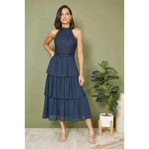 Yumi Womens Navy Lace Halter Neck Midi Dress With Tiered Hem - Size 16 Uk Yumi Womens Navy Lace Halter Neck Midi Dress With Tiered Hem - Size 16 Uk