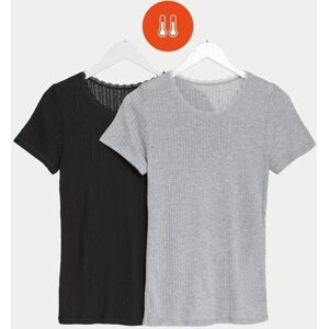 Marks & Spencer Womens 2 Pack Thermal Pointelle Short Sleeve Tops In Grey/black - Black/dark Grey - Size 6 Uk Marks & Spencer Womens 2 Pack Thermal Pointelle Short Sleeve Tops In Grey/black - Black/dark Grey - Size 6 Uk