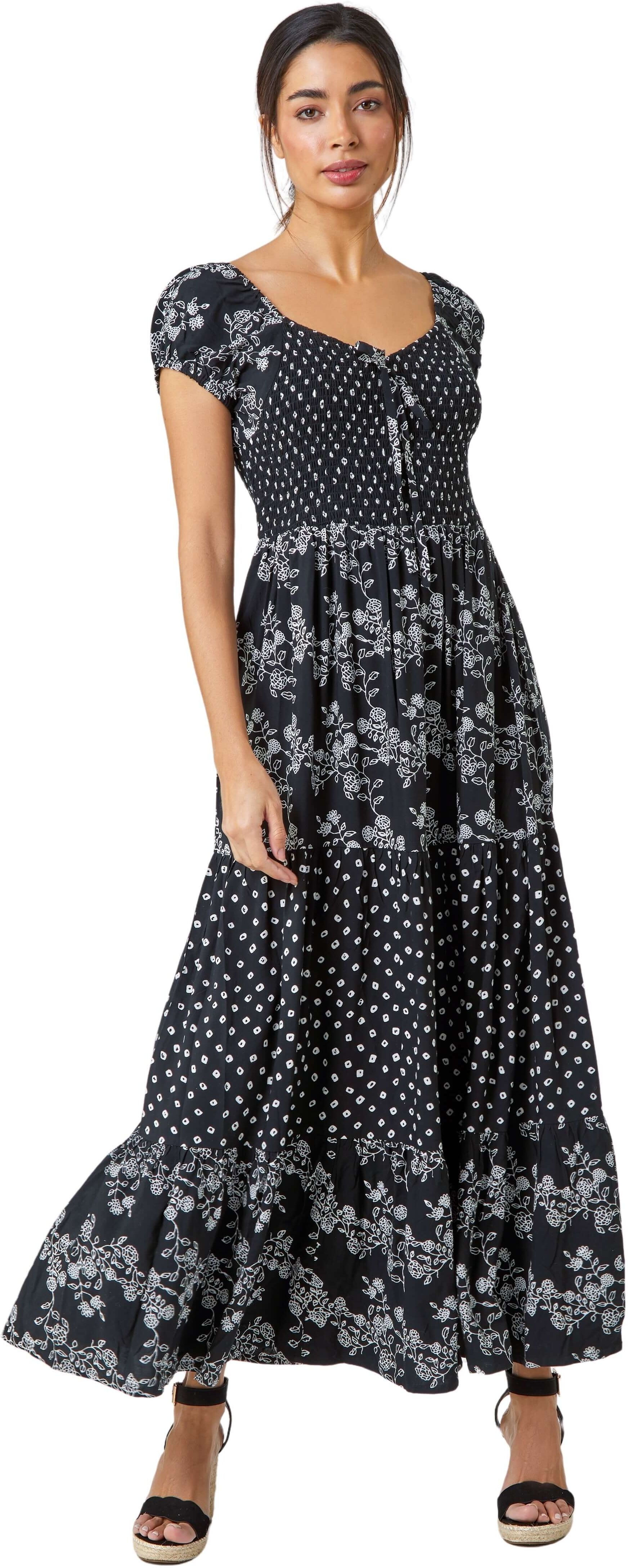 Roman Womens Abstract Tie Detail Tiered Maxi Dress - Black - Size 14 Uk