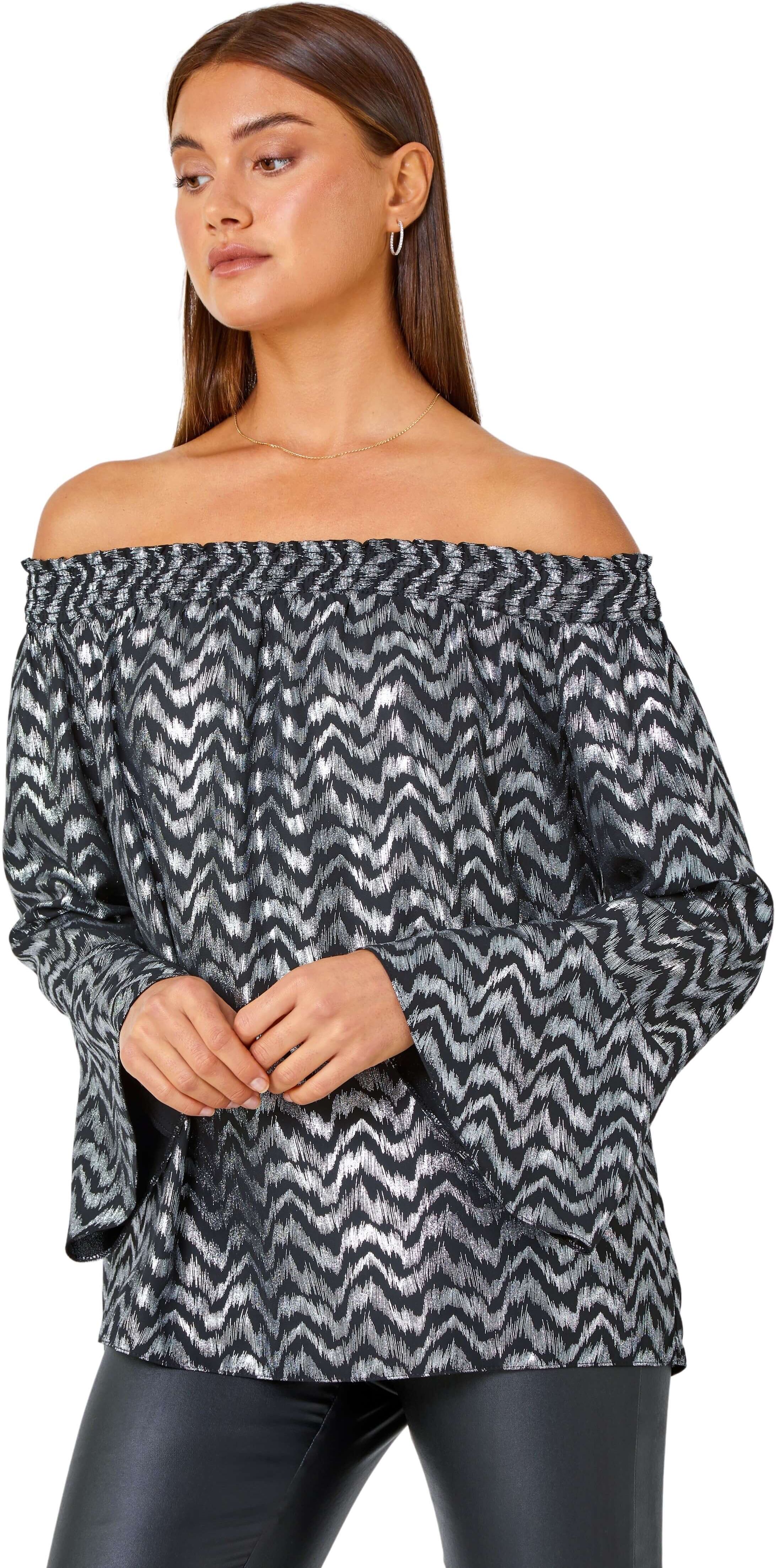Roman Womens Metallic Zig-Zag Print Bardot Top - Silver - Size 10 Uk