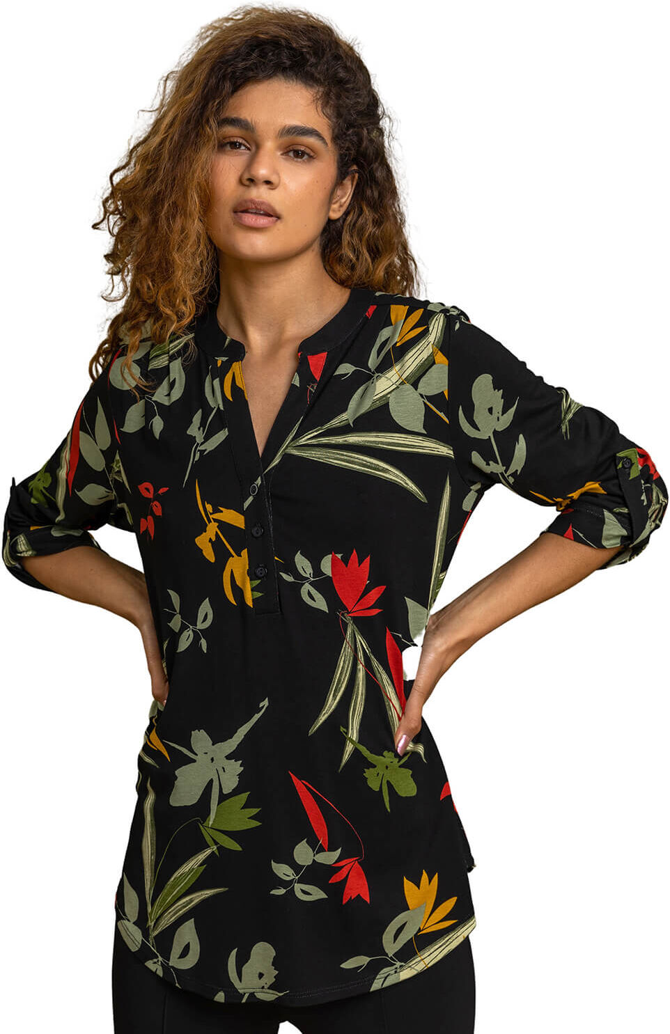 Roman Womens Floral Print Notch Neck Top - Black Denim - Size 18 Uk