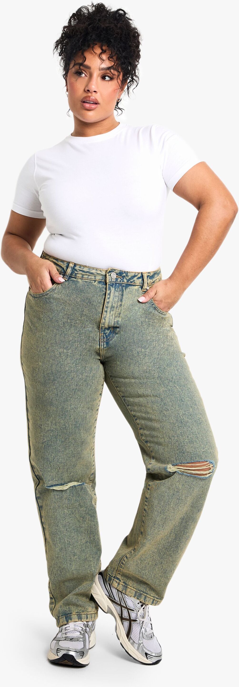 Boohoo Womens Plus Basics High Waisted Straight Leg Ripped Knee Jeans - Sand Cotton - Size 28 Uk