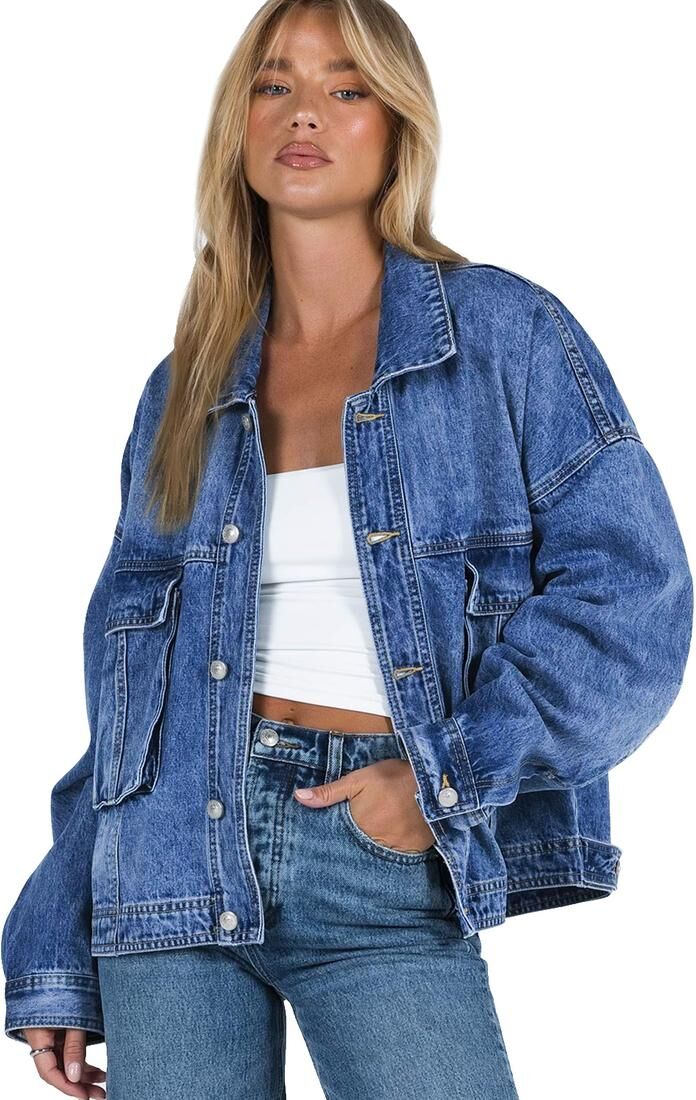 Azura Exchange Womens Blue Chest Pockets Drop Shoulder Loose Denim Jacket Cotton - Size Small