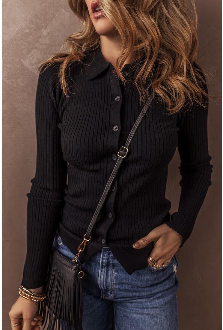 Azura Exchange Womens Black Ribbed Knit Collared Slim Fit Sweater Cardigan Viscose - Size Small