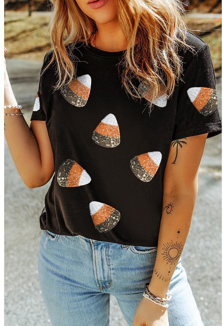Azura Exchange Womens Candy Corn Sequined Tshirt - Black - Size Small