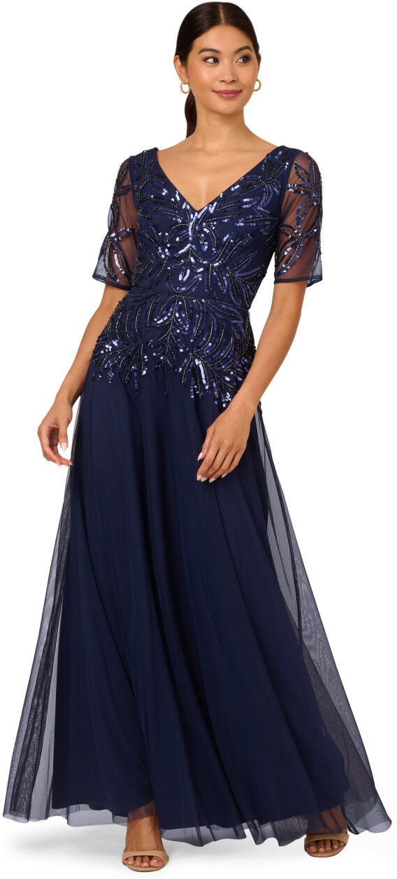 Adrianna Papell Womens Beaded Mesh Long Dress - Navy Sequin - Size 18 Uk