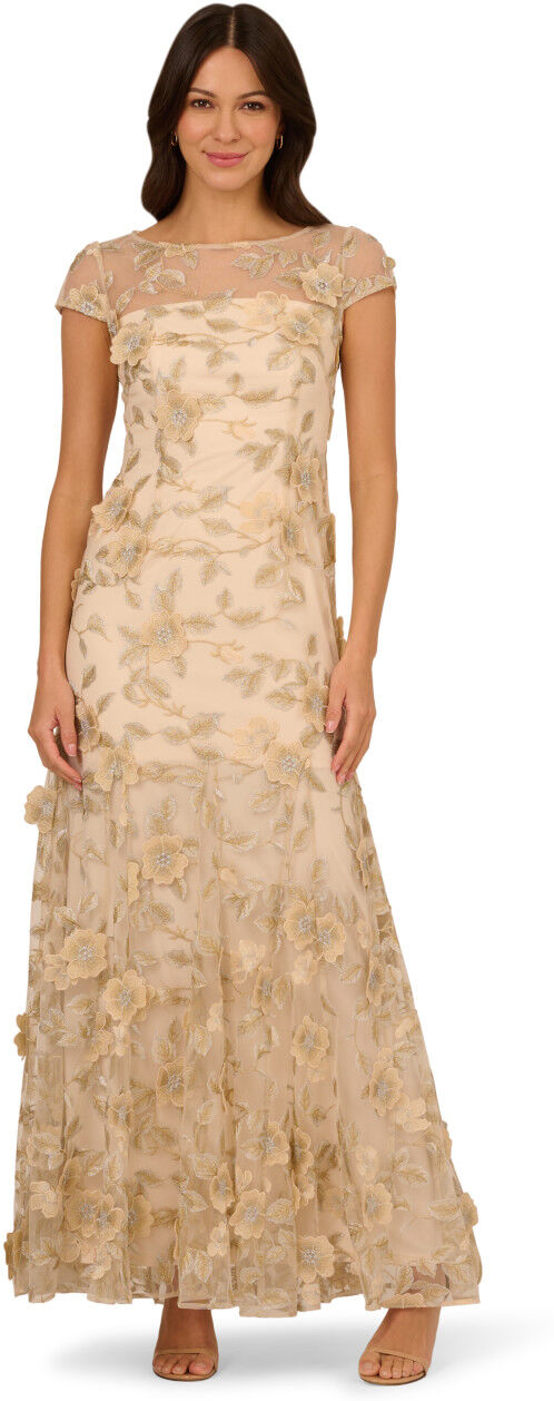 Adrianna Papell Womens Floral Embroidered Godet Gown - Beige - Size 12 Uk
