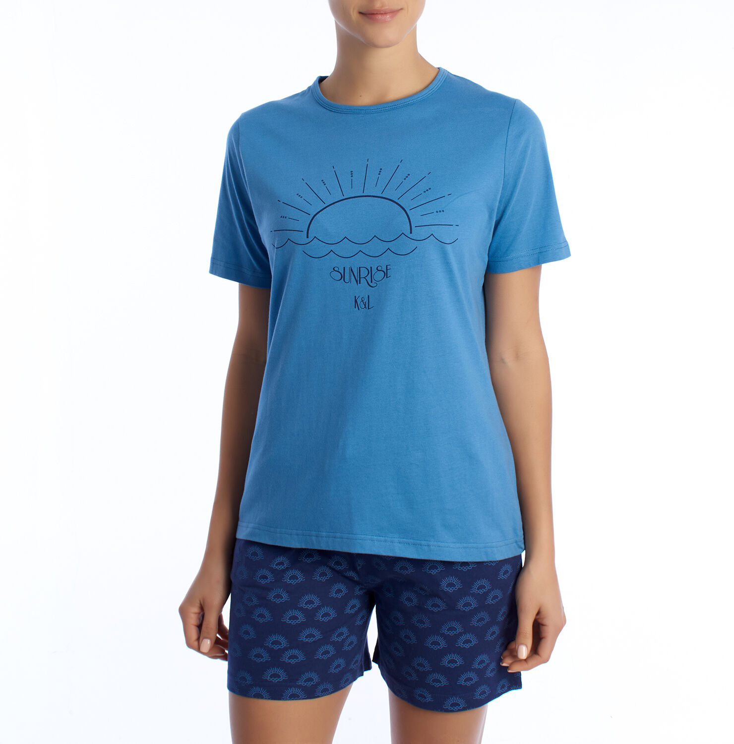 Kisses&love Womens Summer Pajamas 100% Cotton Kl40000 Short-Sleeved T-Shirt And Shorts, Spring-Summer - Blue - Size Small