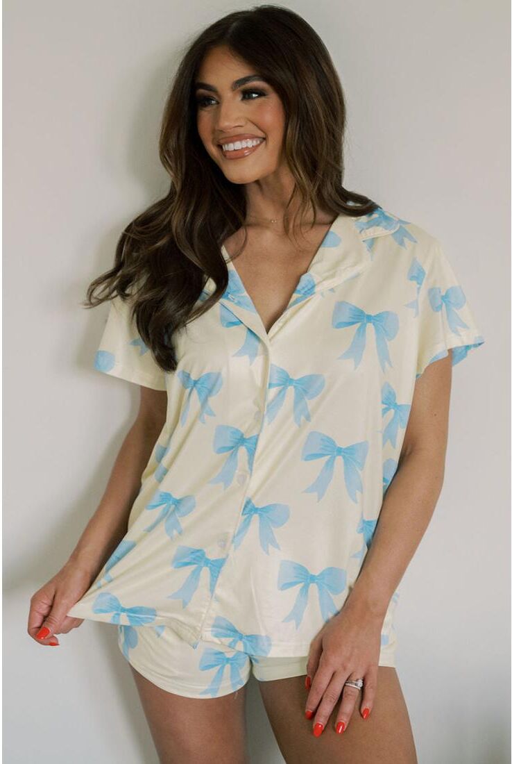Azura Exchange Womens Yellow Bow Printed Short Sleeve Shirt Shorts Pajama Set - Size Small