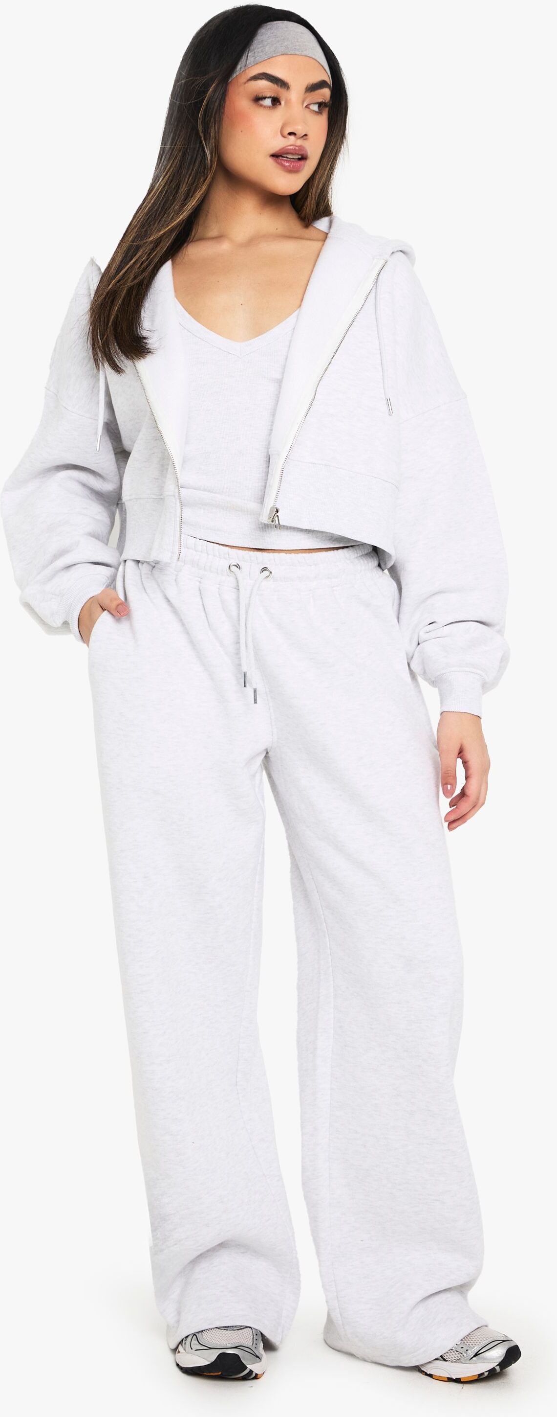 Boohoo Womens Ribbed V Neck Vest Top 3 Piece Hooded Tracksuit - Grey Cotton - Size Large
