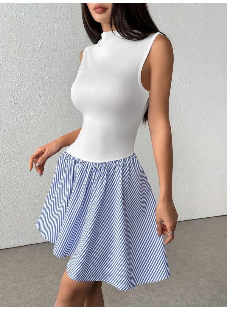 Everyday The Label Womens Striped Mock Neck Sleeveless Mini Tank Dress - Light Blue Cotton - Size Medium