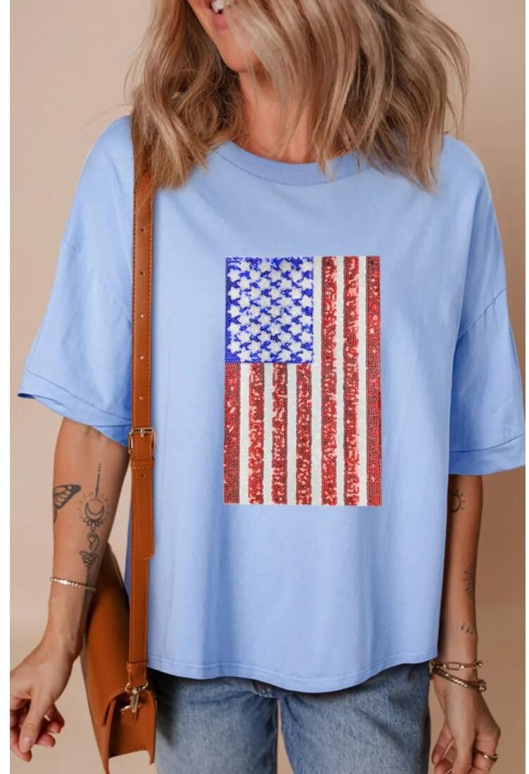 Everyday The Label Womens Sequined American Flag Dropped Shoulder T Shirt - Light Blue Cotton - Size Medium