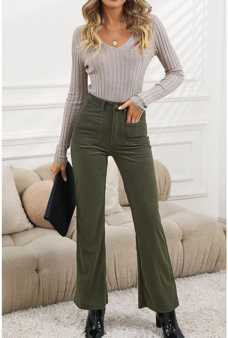 Everyday The Label Womens High Waist Square Pockets Corduroy Pants - Green - Size Large
