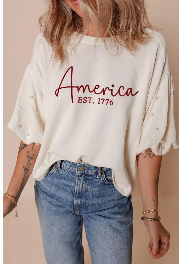 Everyday The Label Womens America Est 1776 Embroidered Pearl Beaded Sleeve T Shirt - White Polycotton - Size Large