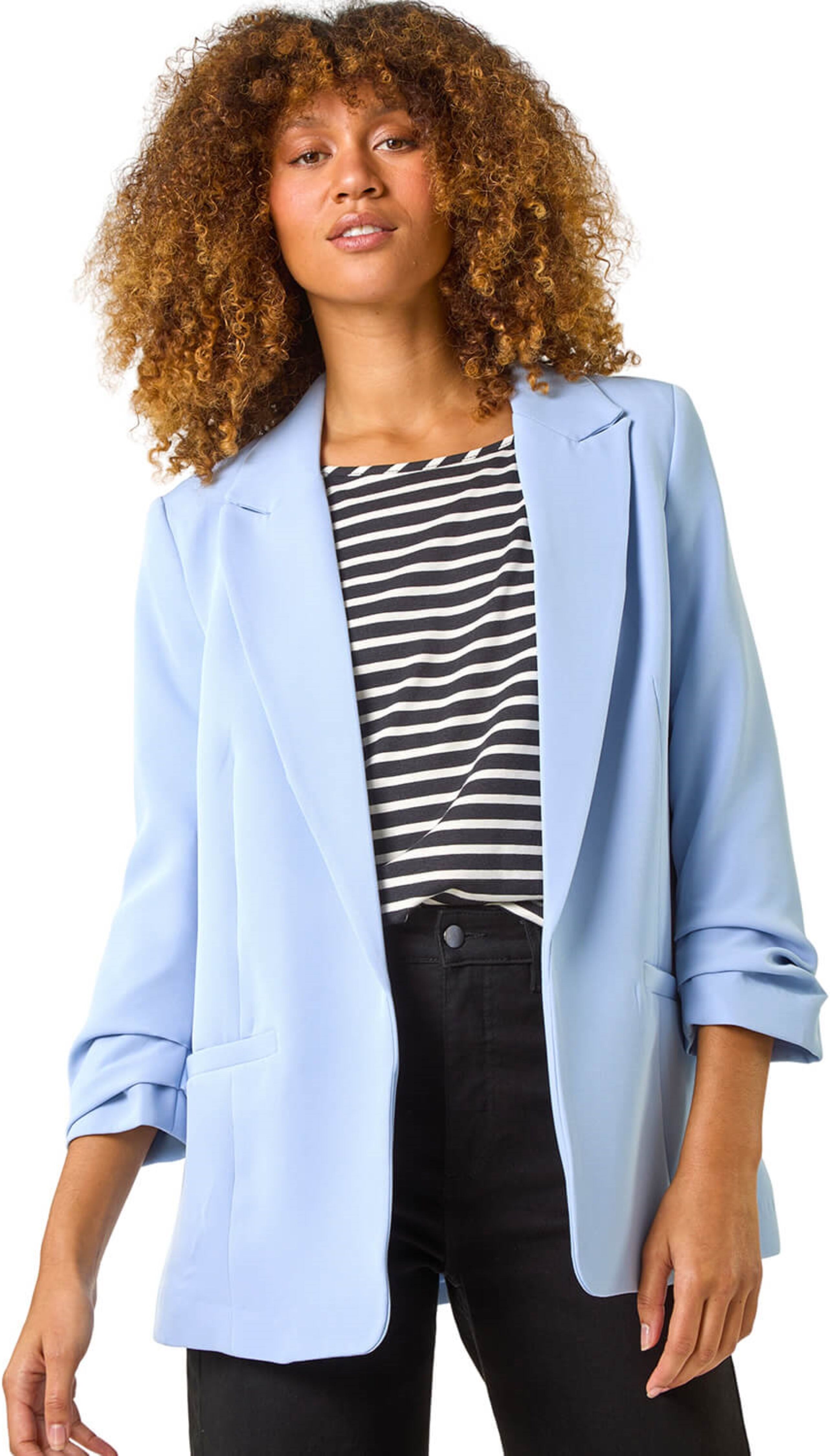 Roman Womens Tailored Ruched Sleeve Stretch Blazer - Blue - Size 12 Uk