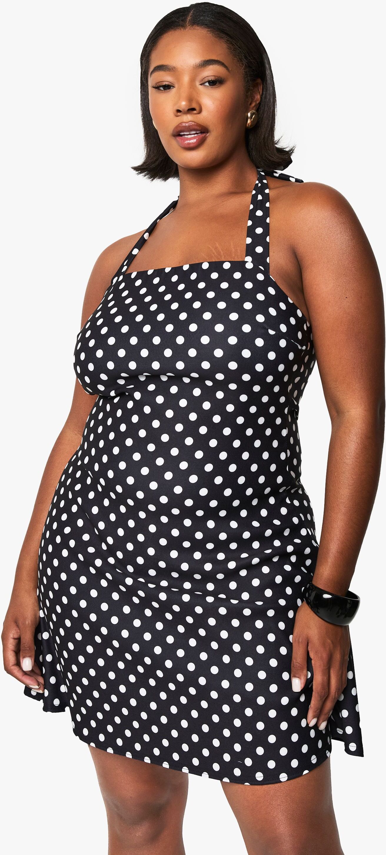 Boohoo Womens Plus Bengaline Polka Dot Square Neck Mini Dress - Black Cotton - Size 26 Uk