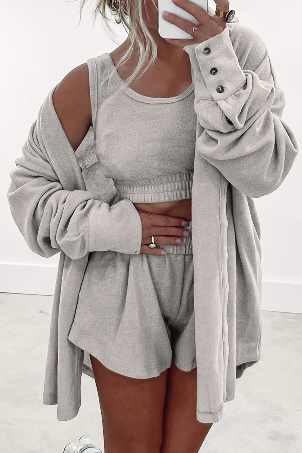 Azura Exchange Womens Gray 3 Pcs Crop Tank Top Shorts With Cardigan Lounge Set - Grey - Size Small