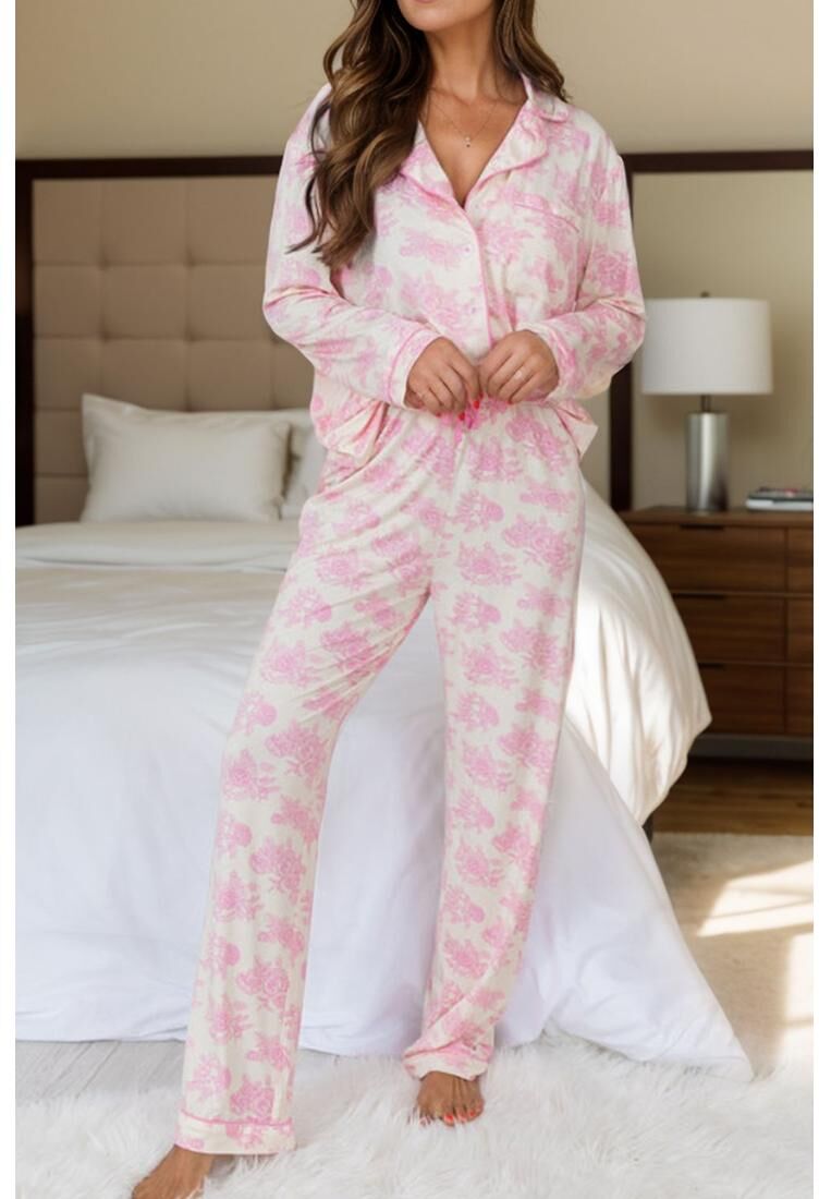 Everyday The Label Womens Printed Button Up Long Sleeve Top And Pants Lounge Set - Blush - Size 2xl