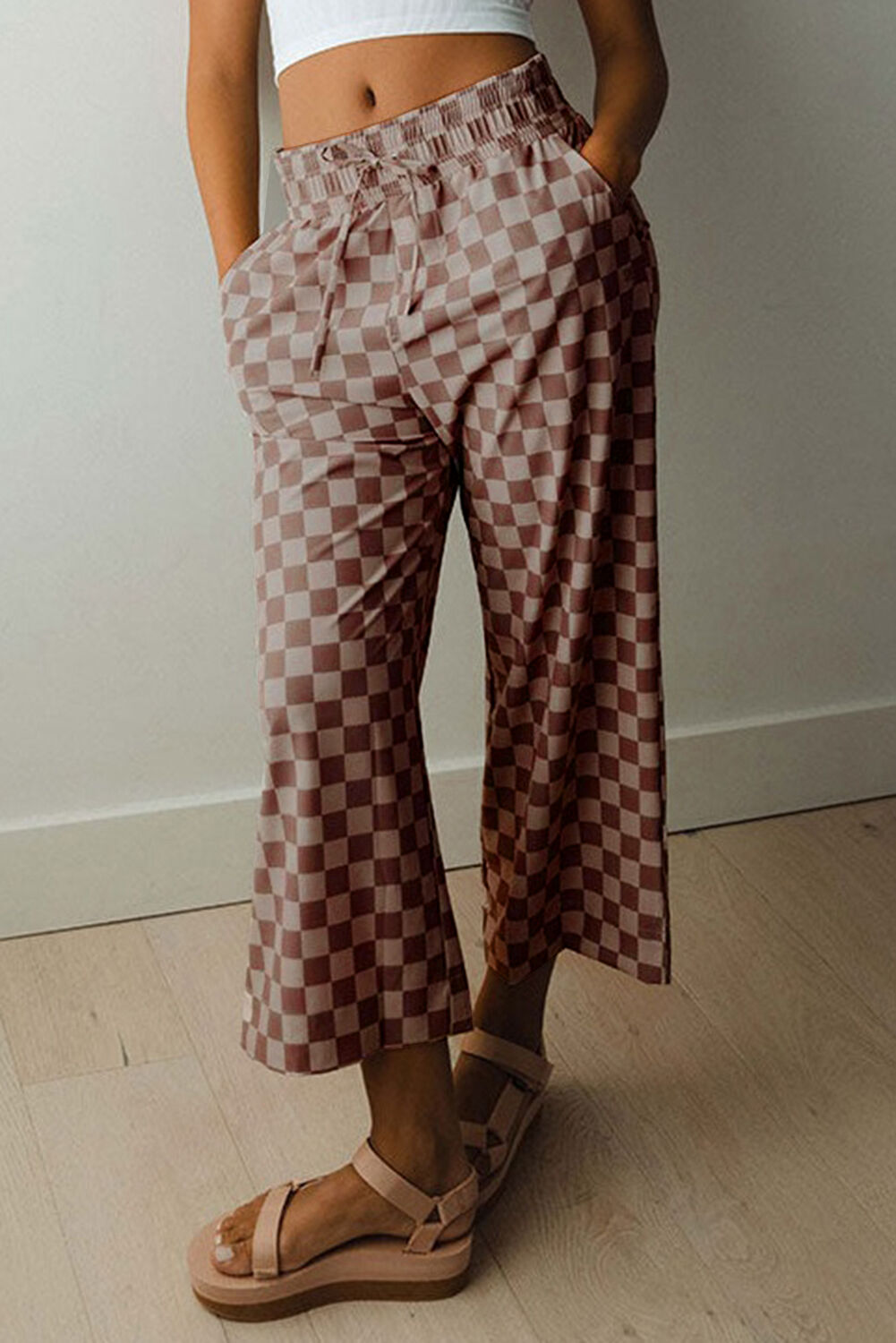 Azura Exchange Womens Khaki Checkered Elastic High Waist Loose Casual Pants - Size Small