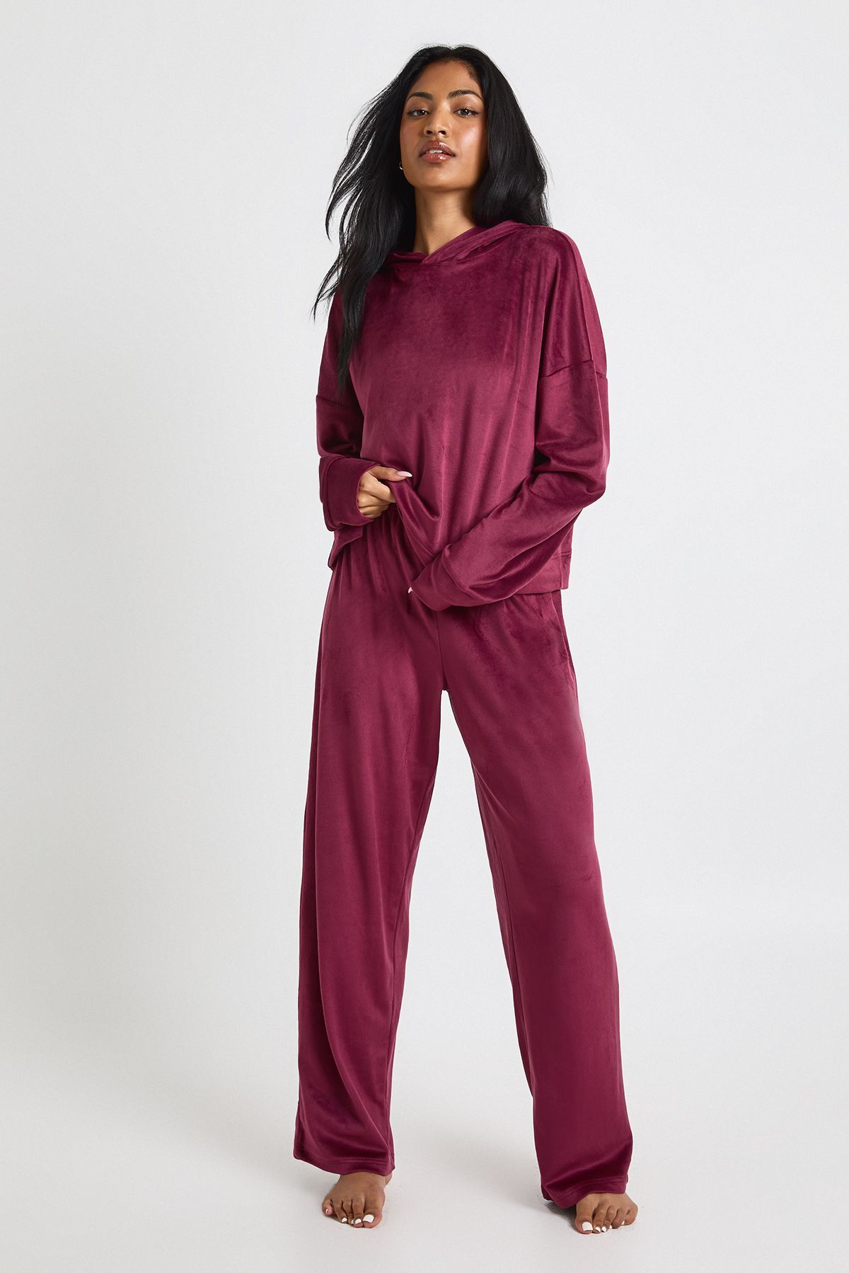 Boohoo Womens Velour Fleece Hoodie & Joggers Lounge Set - Burgundy - Size 8 Uk