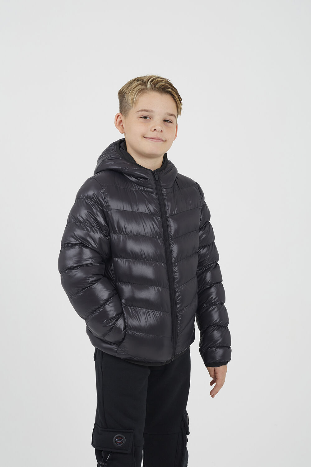Brave Soul Boys Shiny Quilted Hooded Puffer Jacket - Black - Size 11-12y