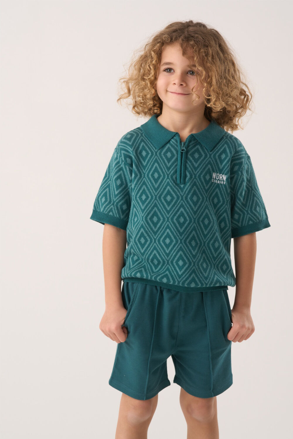 Norn Studios Boys True Knit Patterned Polo Shirt And Pique Short Outfit Set - Teal - Size 3y