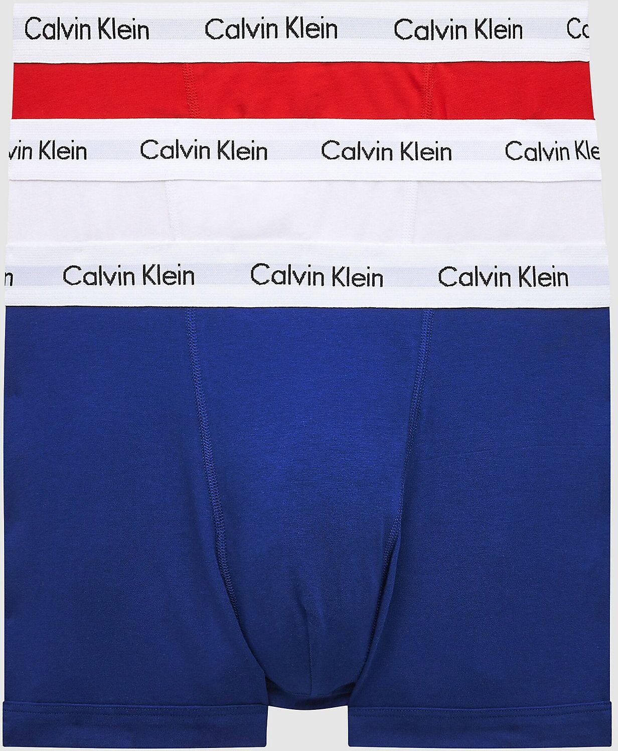 Calvin Klein Mens 3 Pack Trunks - Mid Rise - Cotton Stretch, White/red/blue - Multicolour - Size Medium