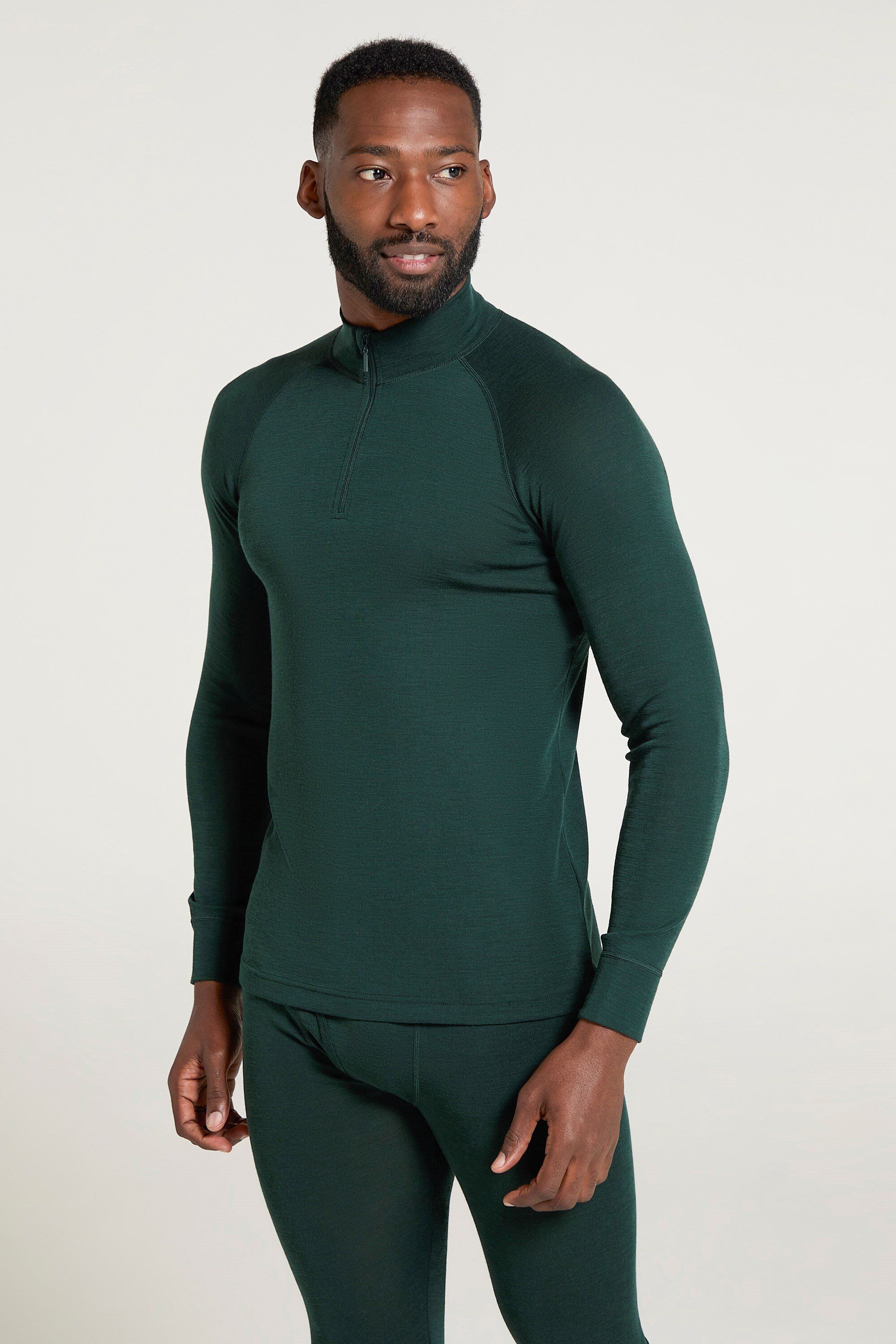 Mountain Warehouse Merino Mens Baselayer Top Long Sleeve Thermal High Wicking Breathable Sweater Dark Green Wool - Size Medium