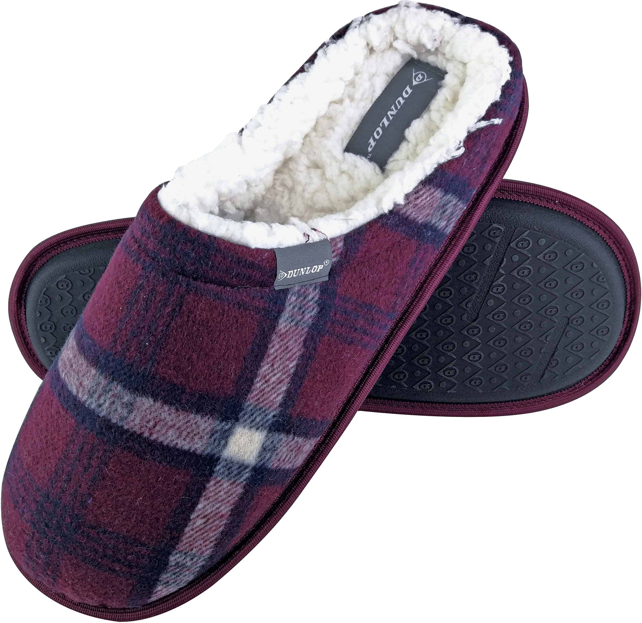 Dunlop Mens Warm Plush Fleece Lined Slip On Mule Checked Plaid House Slippers - Red - Size 7 (Uk Shoe)
