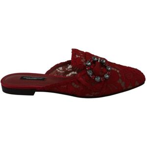 Dolce & Gabbana Womens Red Lace Crystal Slide On Flats Shoes Rayon - Size Eu 35