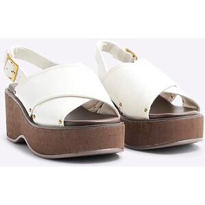 River Island Womens Wedge Sandals White Wide Fit Cross Strap Pu - Size 7 Wide Fit (Uk Shoe)