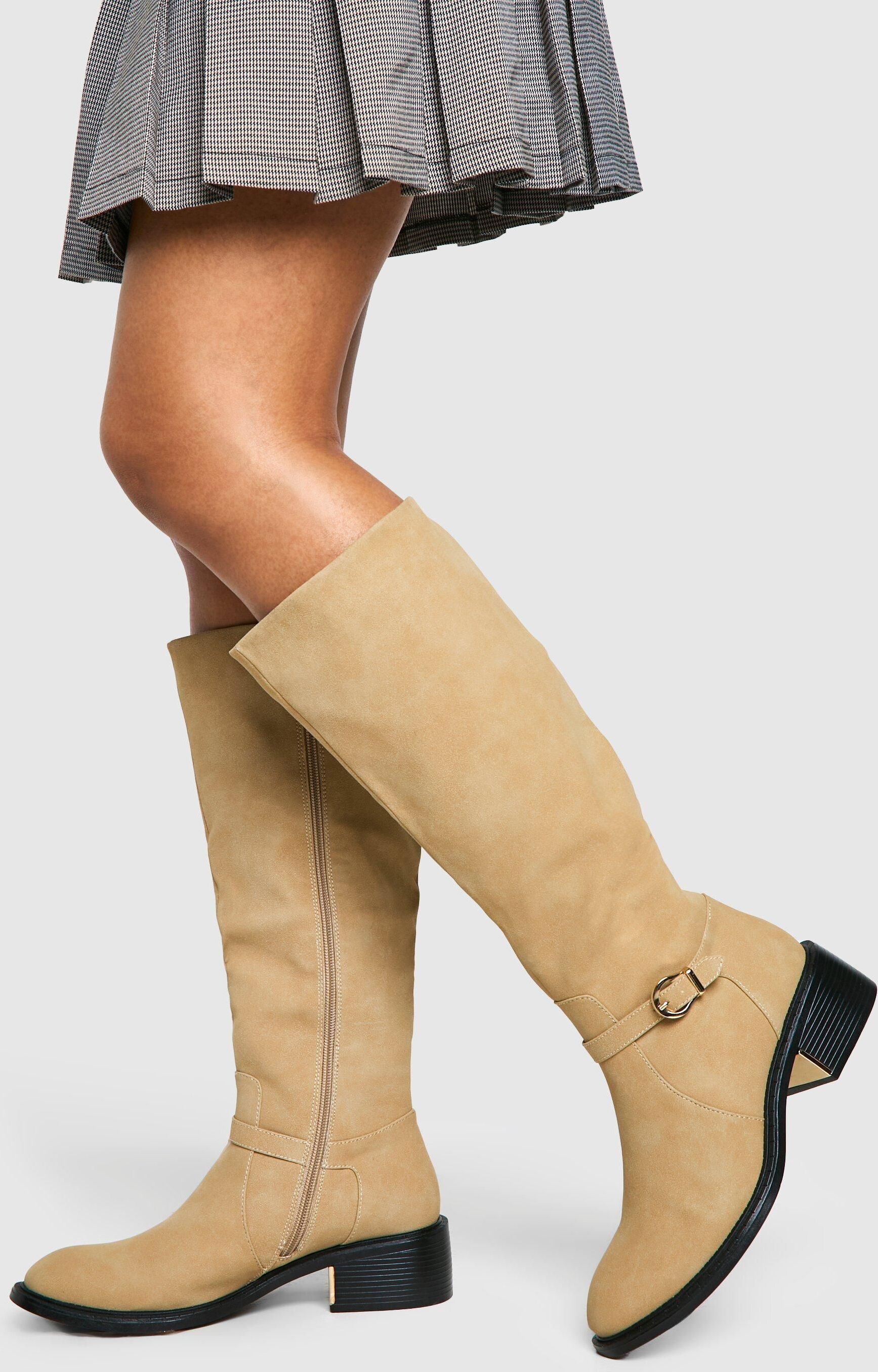 Boohoo Womens Buckle Detail Knee High Riding Boots - Beige - Size Uk 3