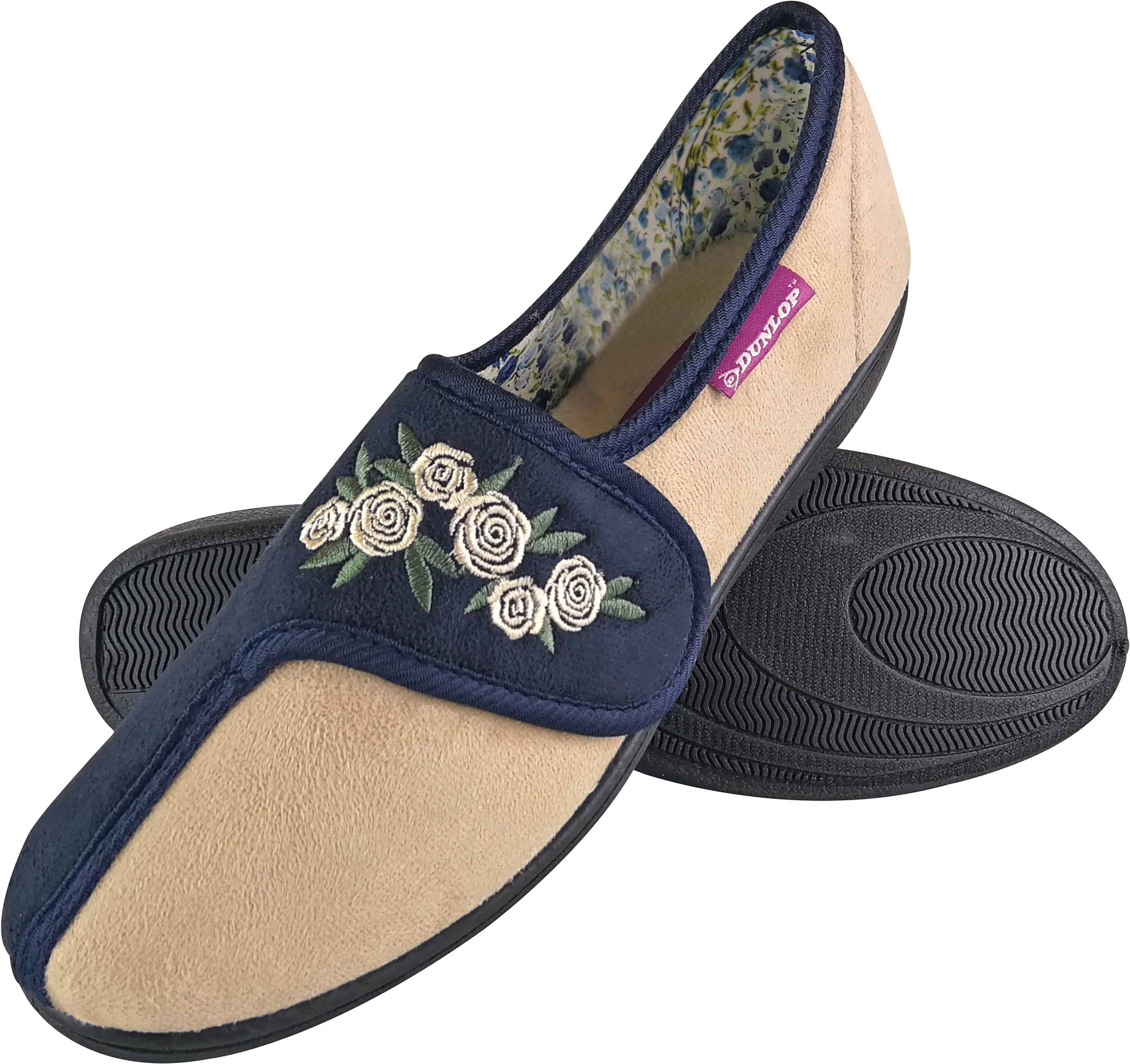 Dunlop Womens - Ladies Adjustable Wide Fit Memory Foam Floral Velcro Slippers For Elderly Women - Navy - Size 5 (Uk Shoe)