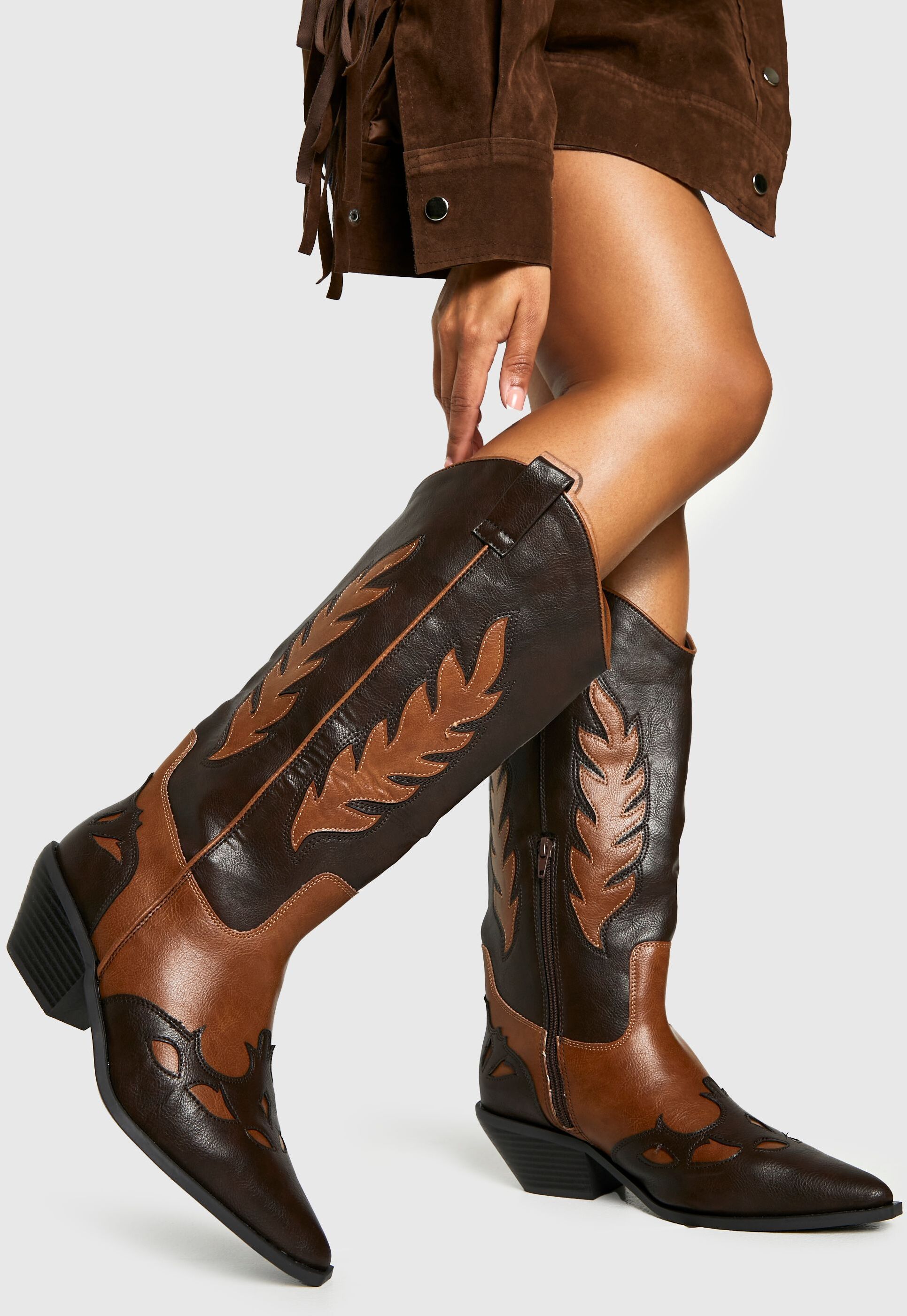 Boohoo Womens Wide Fit Low Heel Contrast Western Cowboy Boot - Brown - Size 4 Wide Fit (Uk Shoe)