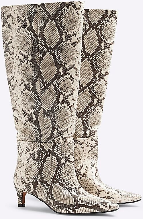 River Island Womens Knee High Boots Beige Snake Print Kitten Heel Pu - Size Uk 4